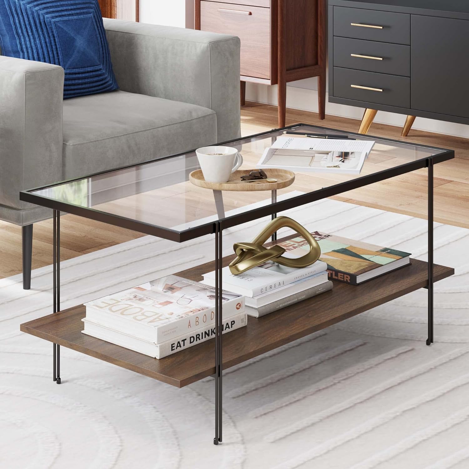 Nathan James Sonia Coffee Table with Storage Shelf, Light Wood/Rattan