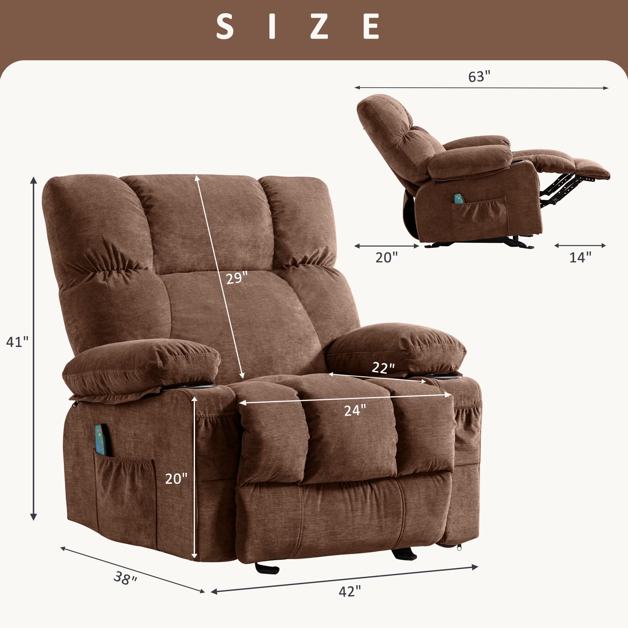 JONPONY Manual Recliner Chair with Heat Therapy and Massage Function, Heavy Duty Reclining Mechanism Massage Chair, Elderly Single Rocker Sofa with Cup Holders for Bedroom Home Theater,Brown
