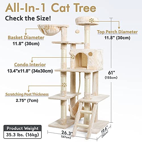 rabbitgoo Cat Tree Cat Tower 61′′ for Indoor Cats, Multi-Level Cat Condo with Hammock & Scratching Posts for Kittens