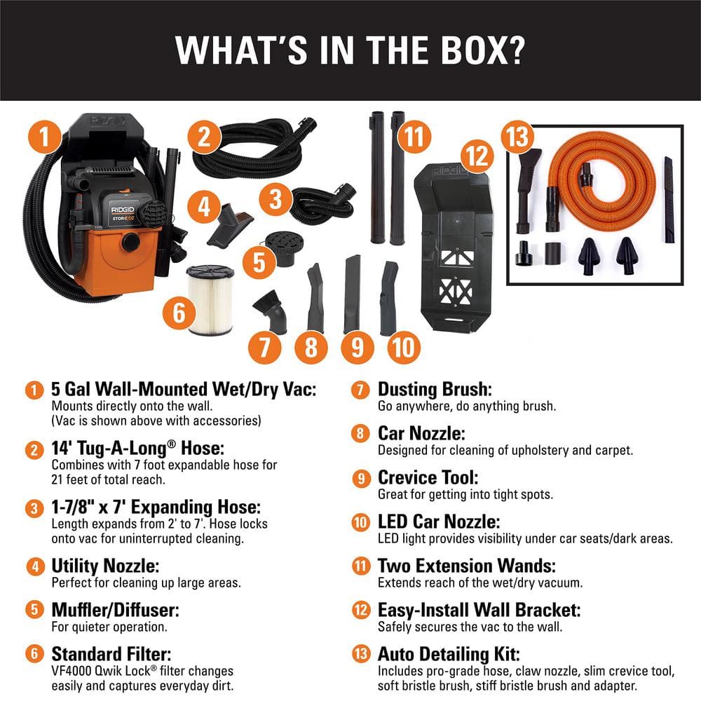 5 Gal. 5.0 Peak HP Portable Wall-Mountable Wet/Dry Shop Vacuum with LED Lighted Car Nozzle and Premium Car Cleaning Kit WD5500B