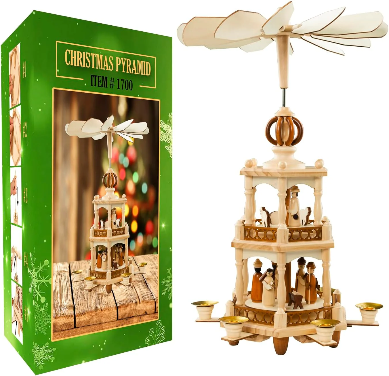 German Style Christmas Pyramid Carousel Decoration – 17.5 Inches - Wood Nativity Scene Set -Table Top Holiday Decor - 6 Candle Holders - of German Design.