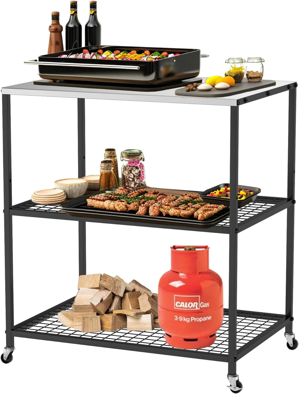 Outdoor Grill Cart with Wheels - Three-Shelf Stainless Steel Pizza Oven Stand