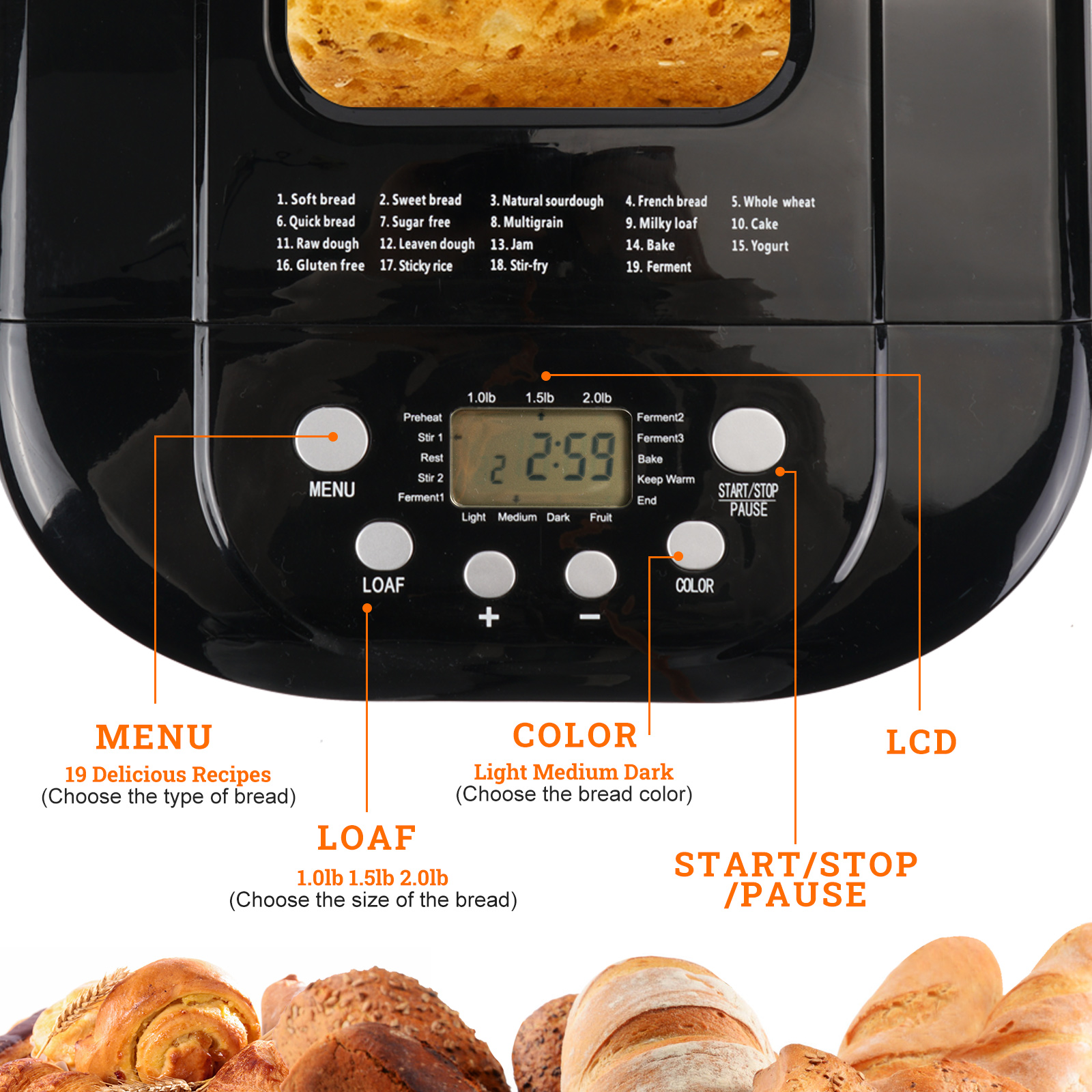 004 KBS 15-in-1 2LB Bread Maker Machine Fully Automatic LCD Display