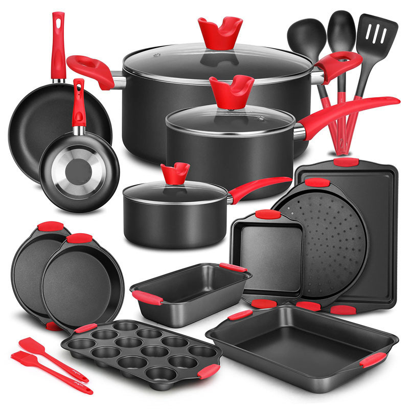 21-Piece Non-Stick Cookware Set with Red Silicone Handles – Oven Safe, Includes Saucepans, Dutch Oven, Frypans, and Baking Pans