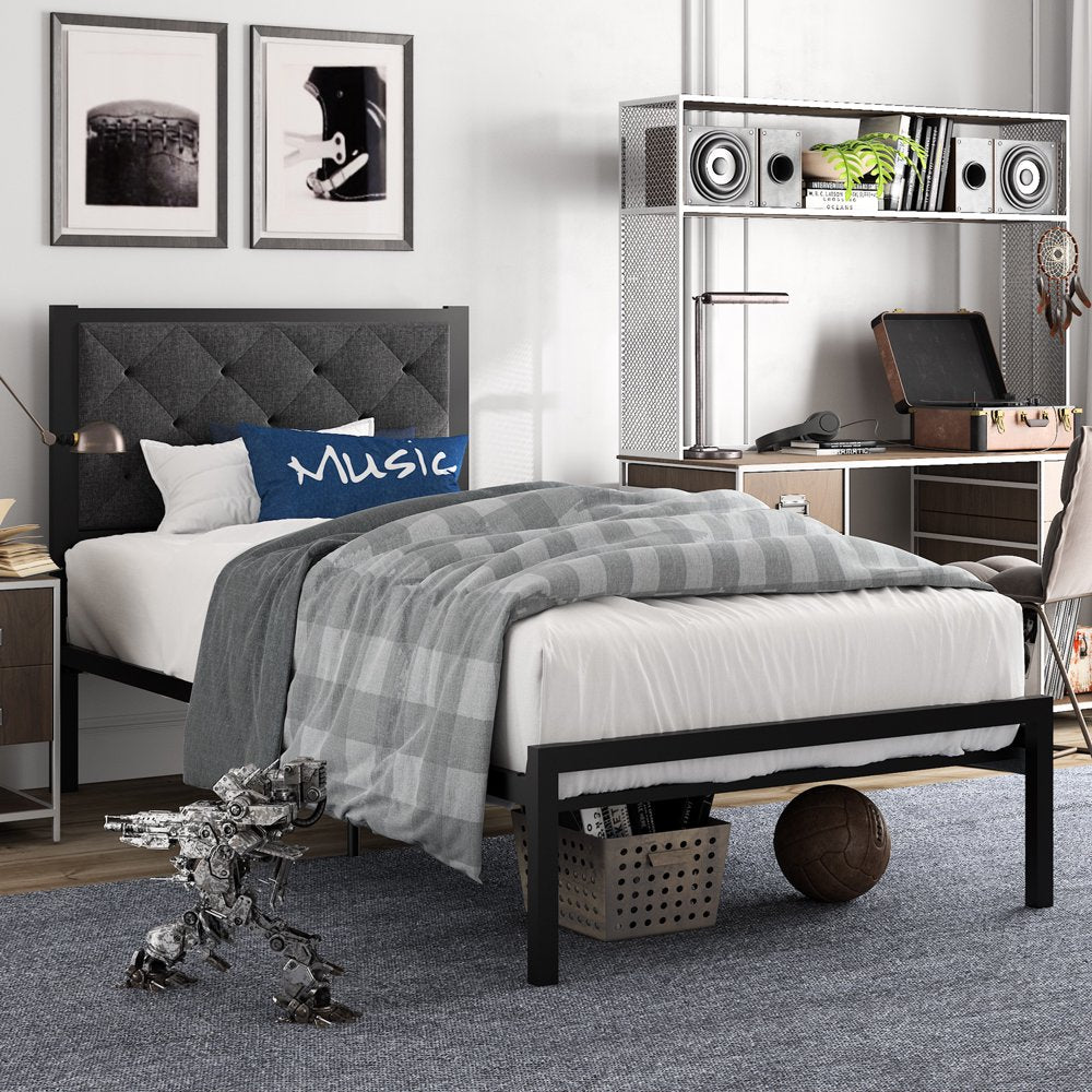 Amolife Twin Metal Bed Frame with Upholstered Headboard, Modern Design, Durable Steel Construction