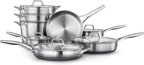 13-Piece Pots and Pans Set, Stainless Steel Kitchen Cookware with Stay-Cool Handles and Steamer Insert, Dishwasher Safe, Silver