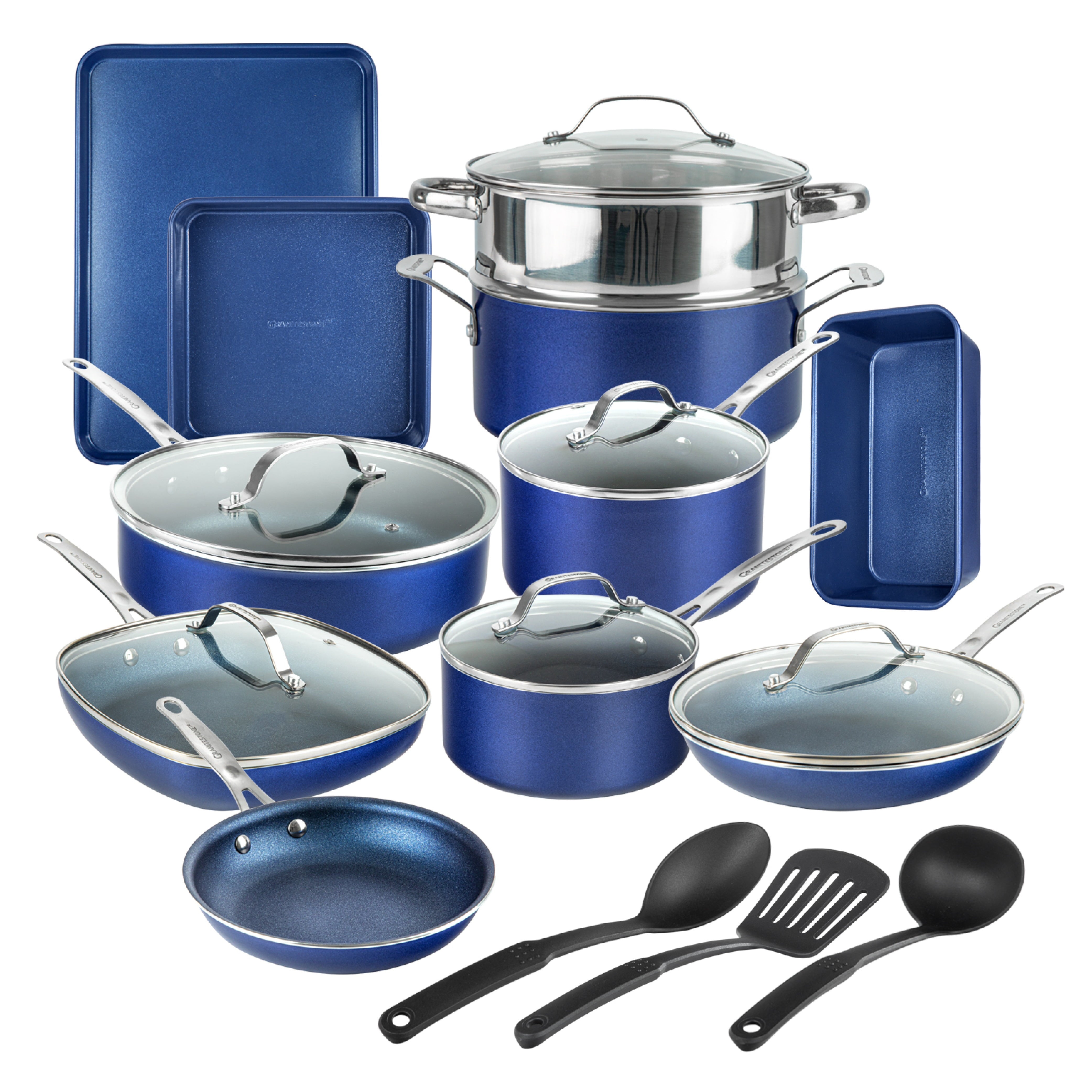 Granitestone Nonstick Pots and Pans 20 Pcs Kitchen Cookware Bakeware Set Cooking Frying Skillet Sauce Pan Blue