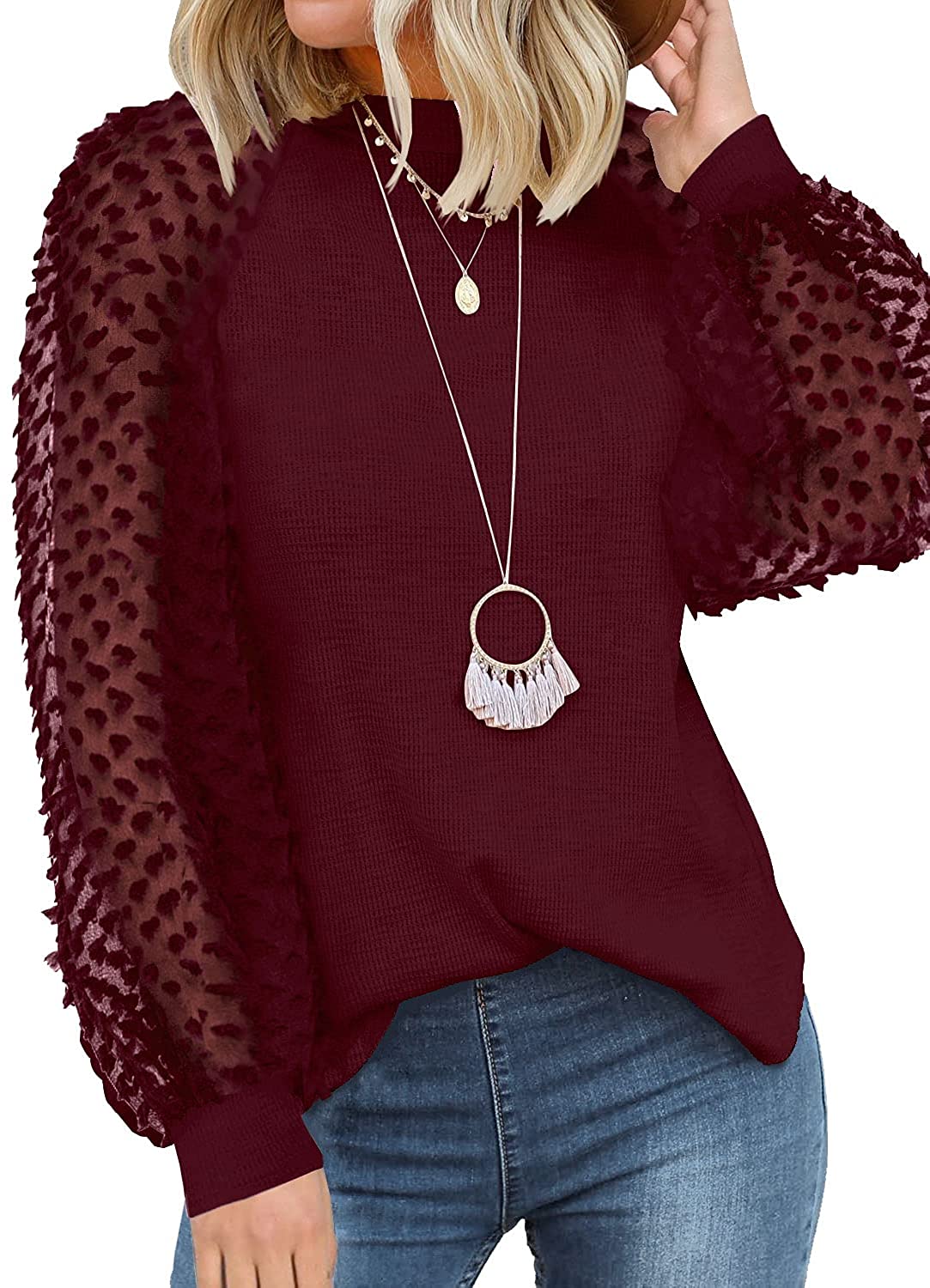 Women’s Long Sleeve Tops Lace Casual Loose Blouses T Shirts