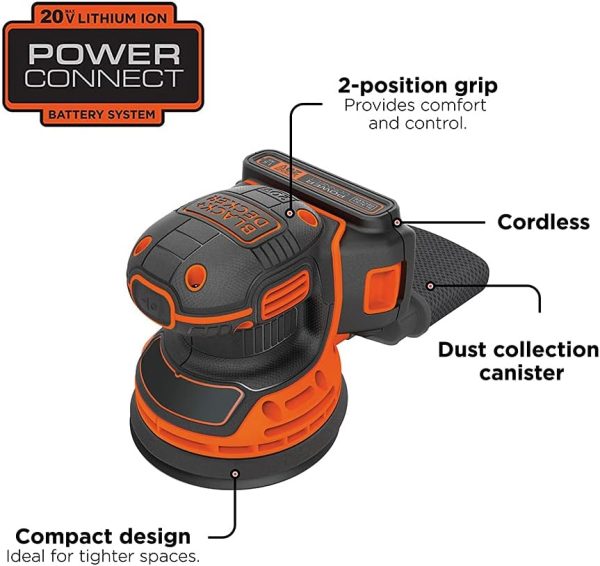 20V MAX Orbital Sander, Cordless, 12,000 OPM, 2 Sandpaper Sheets, Battery and Charger Included (BDCRO20C)