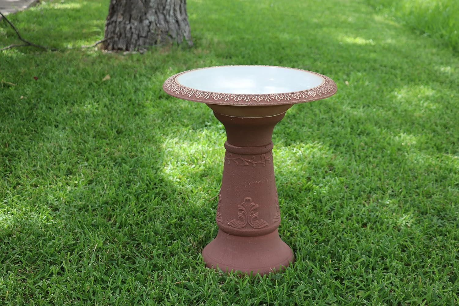 Exaco FM-220 Indoor Outdoor Garden Fiber Clay Scroll Vine Bird Bath Bowl Trim, White & Rose