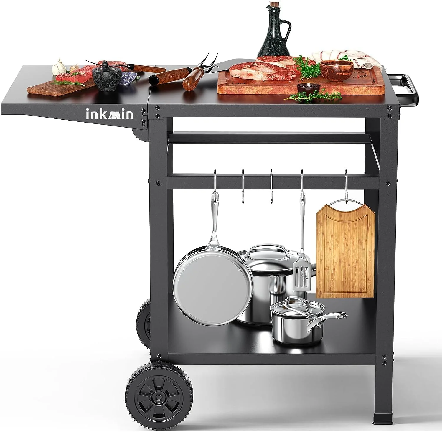 Outdoor Pizza Oven Cart Double-Shelf Movable BBQ Grill Table