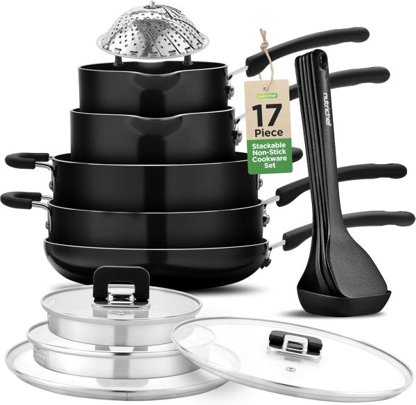 17pcs Stackable Pots and Pan, Stainless Steel Set Nonstick, Induction Cookware with Foldable Knob, Space Saving, Nylon Tools, Black, One Size