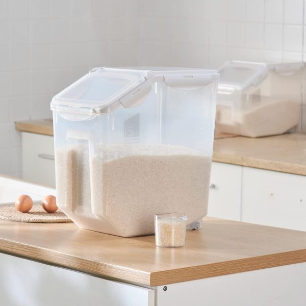 15 Liter / 30 lbs Rice Storage Container with Measuring Cup, BPA free, For Rice | Grain | Pet Food | Flour, 2 counts, Clear