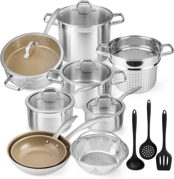 17PC Professional Stainless Steel Induction Cookware Set, Stainless Steel Ceramic Nonstick Pan Set, Impact-bonded Technology, FUSION Titanium Reinforced Ceramic Coating, Brown