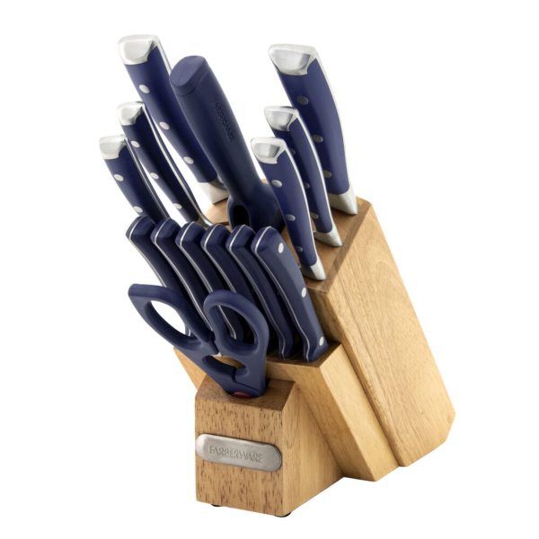 15-Piece Forged Triple Rivet Knife Block Set, Razor Sharp Kitchen Knives, Navy