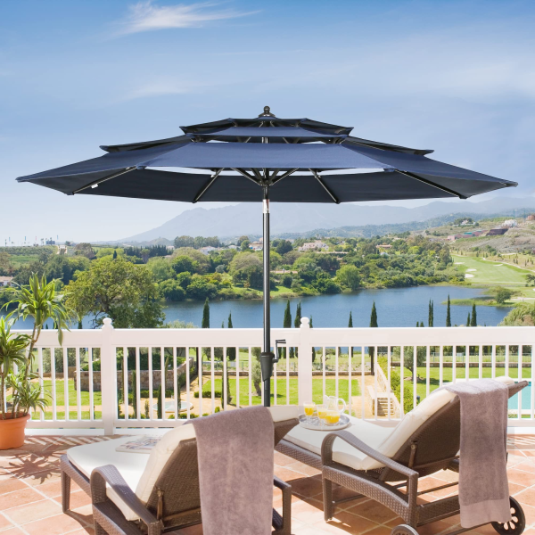 10ft Patio Umbrella Outdoor 3 Tier Vented Market Table Umbrella with 1.5  Aluminum Pole and 8 Sturdy Ribs, (Dark Blue)