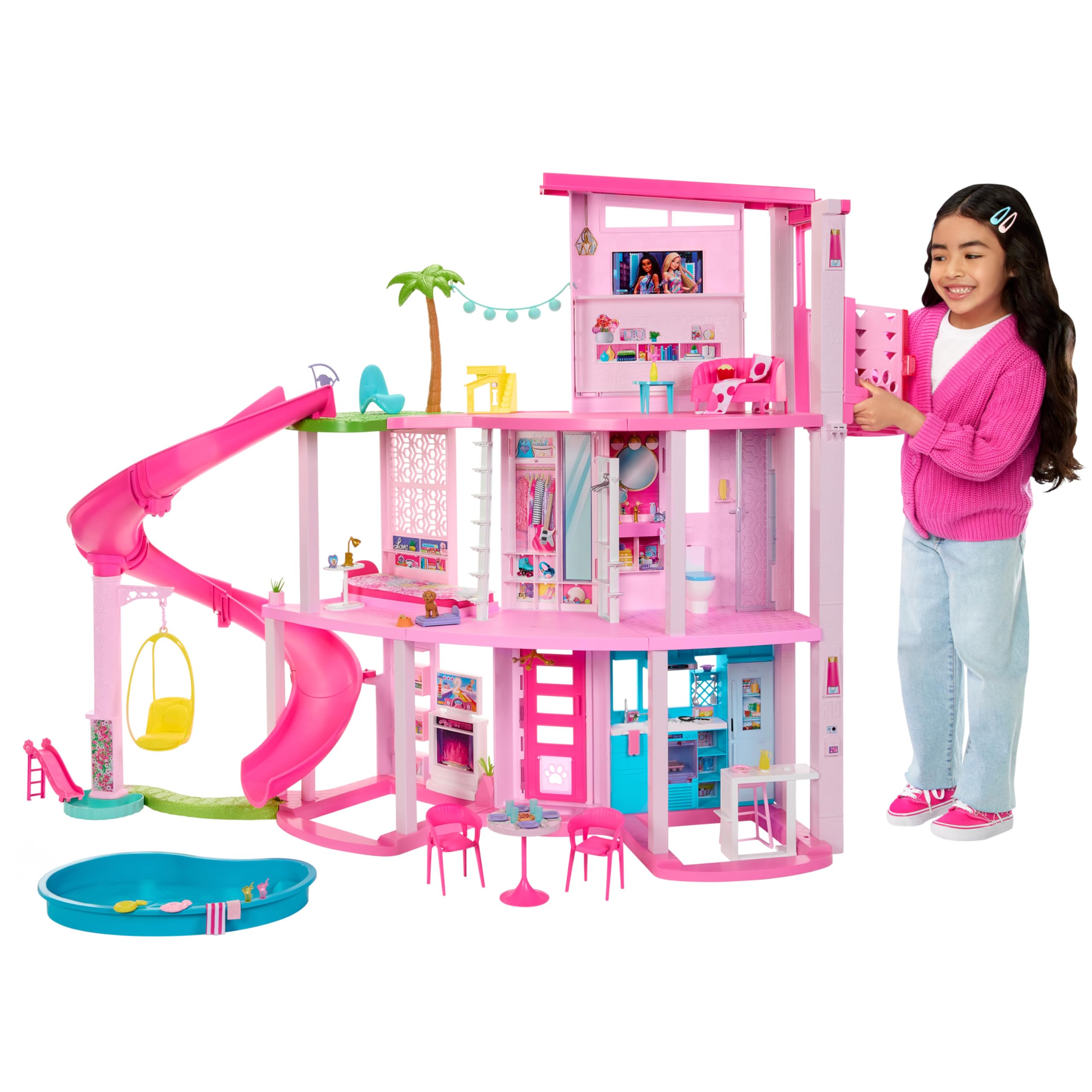 Barbie Dreamhouse Pool Party Doll House with 75+ pc, 3 Story Slide, Fits 12 Inch Dolls