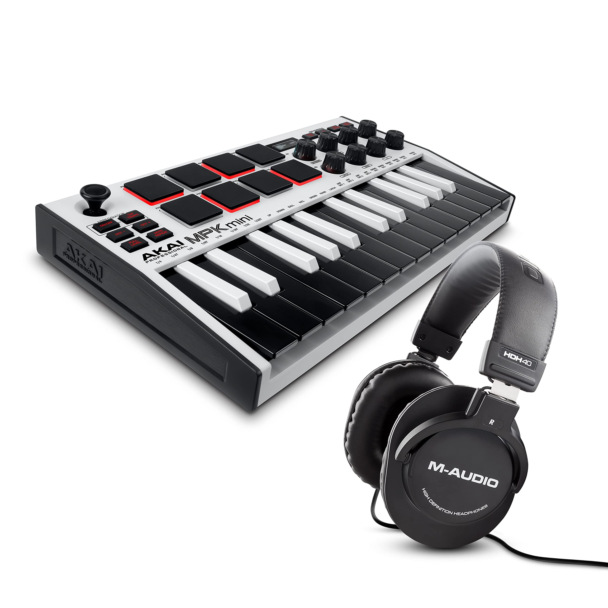 AKAI Professional MPK Mini White MK3 and M-Audio HDH40-25-Key USB MIDI Keyboard Controller with Beat Pads, Studio Headphones and Software Suite