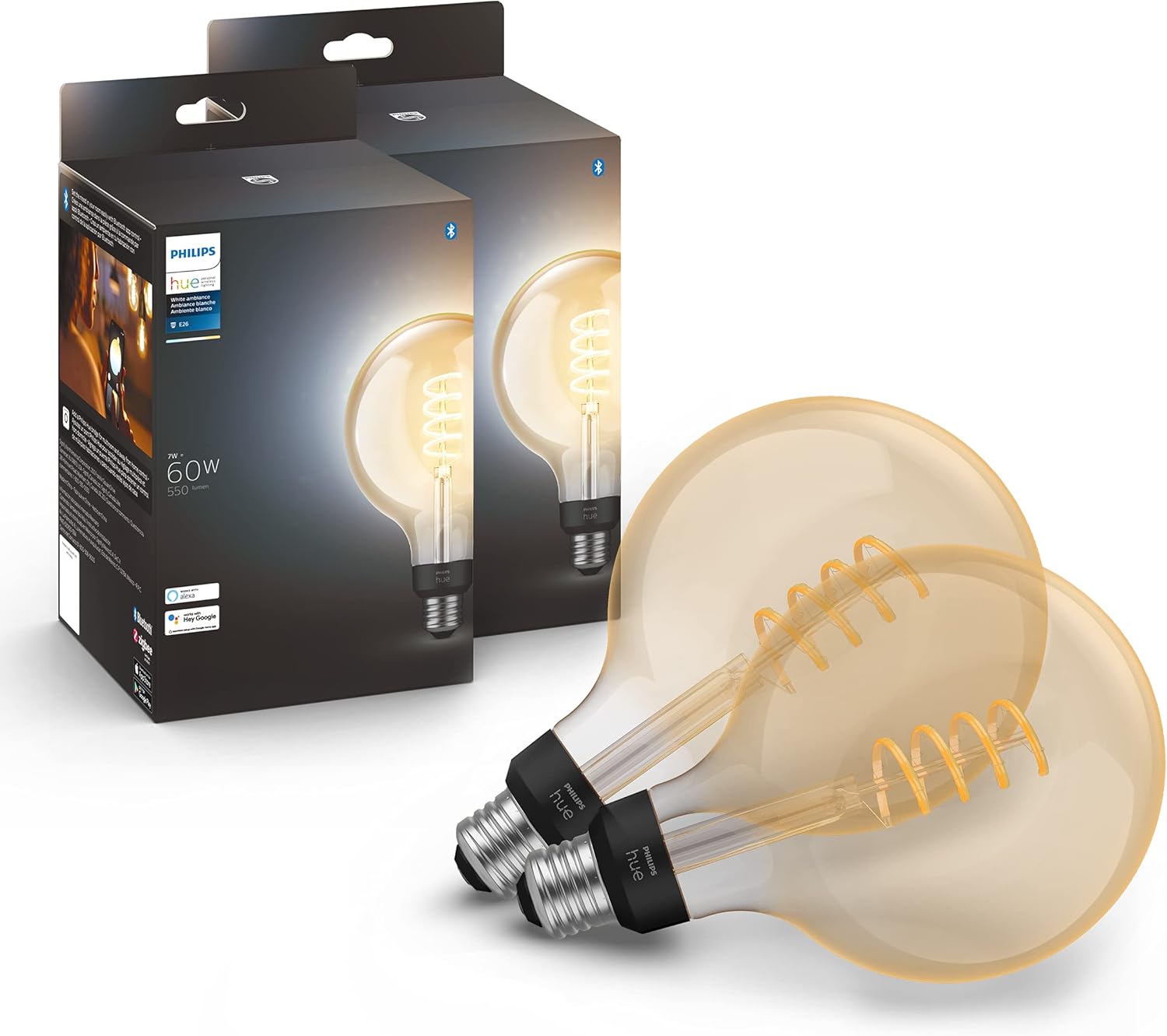 Philips Hue White Ambiance G40 LED Bulb 4-Pack, 550LM, E26, Smart Home Compatible with Alexa & Google Assistant