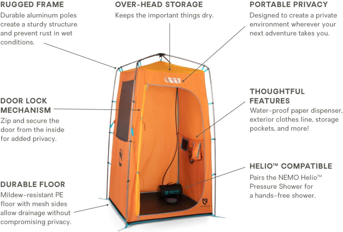 Nemo Equipment Heliopolis Portable Shower Tent, 4-Season Privacy Shelter, Waterproof, Monarch Color, Compatible with Helio Showers, 84′′ Height