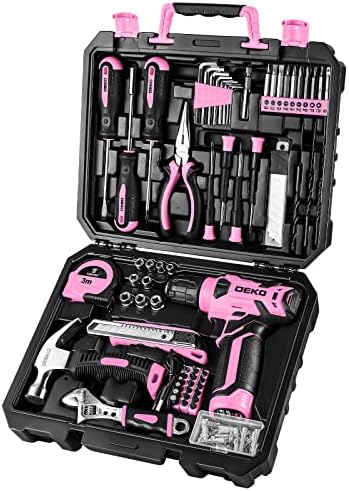 DEKOPRO Drill Set: Tool Set with 8V Pink Cordless Drill Home Tool Kit with Drill Hand Tool Kits for Women 126 Piece
