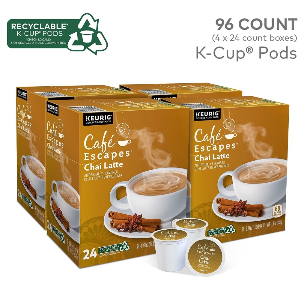 Cafe Escapes Chai Latte K-Cup Pods, 96 Ct, Keurig Compatible, Black Tea & Spices