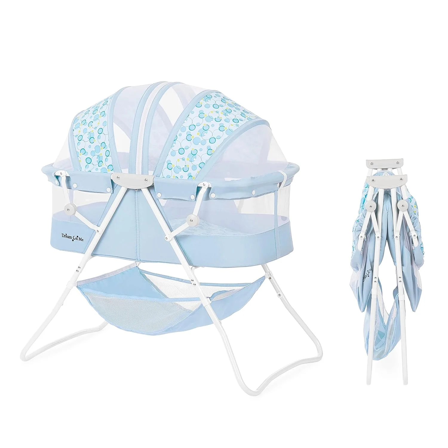 Dream On Me Karley Bassinet in Blue & Grey, Lightweight Portable Baby Bassinet, Quick Fold and Easy to Carry , Adjustable Double Canopy, Indoor and Outdoor Bassinet with Large Storage Basket.