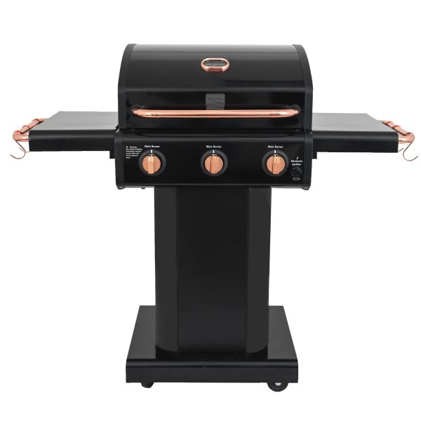 3-Burner Outdoor BBQ Propane Gas Grill with Foldable Sides, Black with Copper Accent