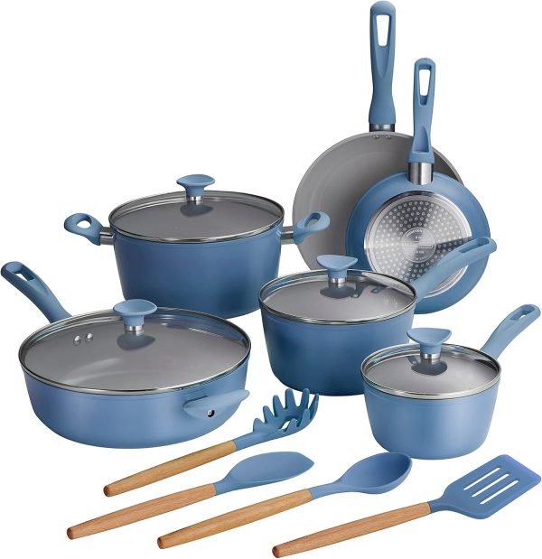 14-Piece Ceramic Cookware Set Blue Nonstick, Induction-Ready, Oven Safe, Dishwasher Safe, Includes Fry Pans, Sauté Pan, Sauce Pans, Dutch Oven, and Wooden Utensils, 80110/035DS