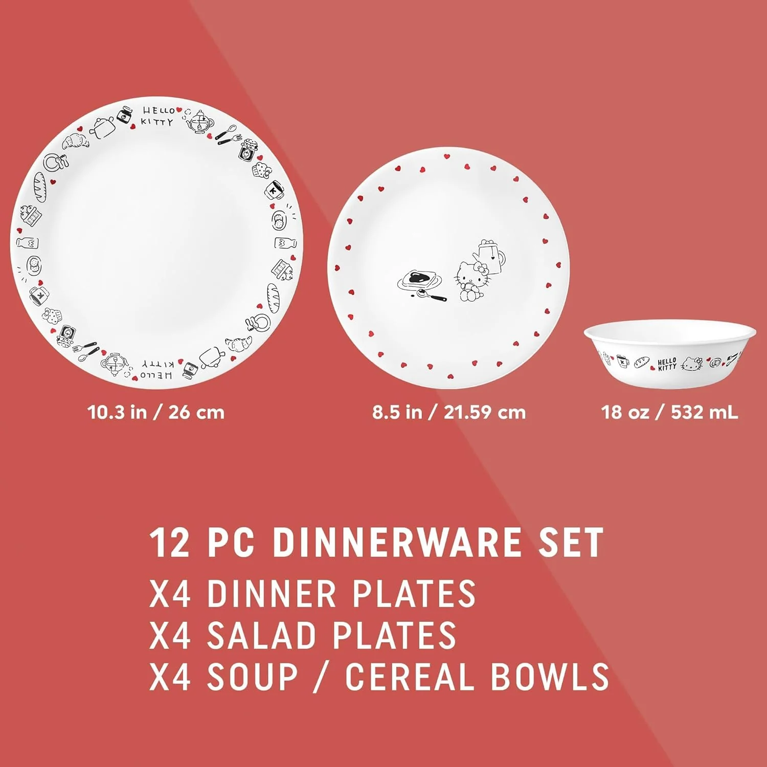 Corelle Vitrelle Hello Kitty 12-PC Dinnerware Set, Service for 3, Triple Layered Glass, Anti-Chip Durable Lightweight Plate and Bowl Set