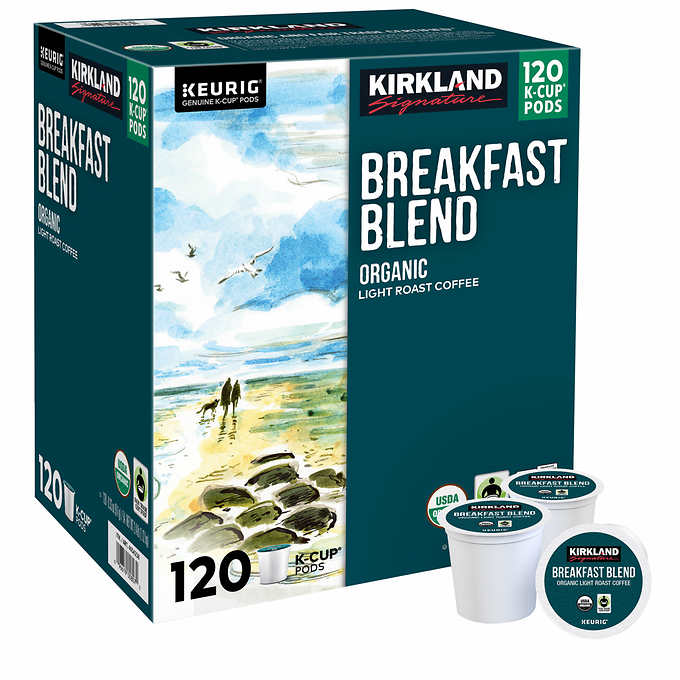 Kirkland Signature Organic Breakfast Blend Coffee K-Cup Pods, Light Roast, 120-Count, Arabica