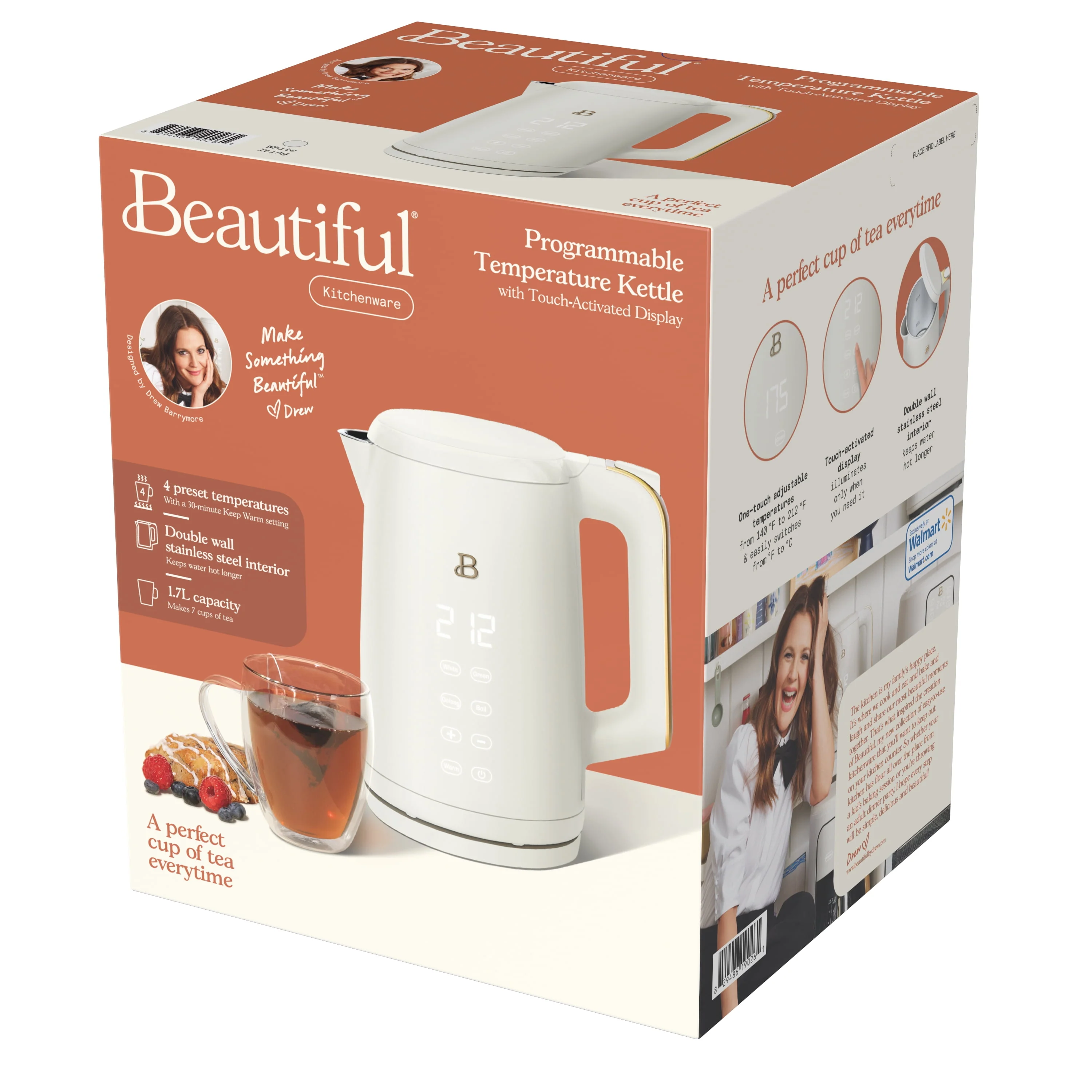 Beautiful 1.7-Liter Electric Kettle 1500 W with One-Touch Activation, White Icing by Drew Barrymore