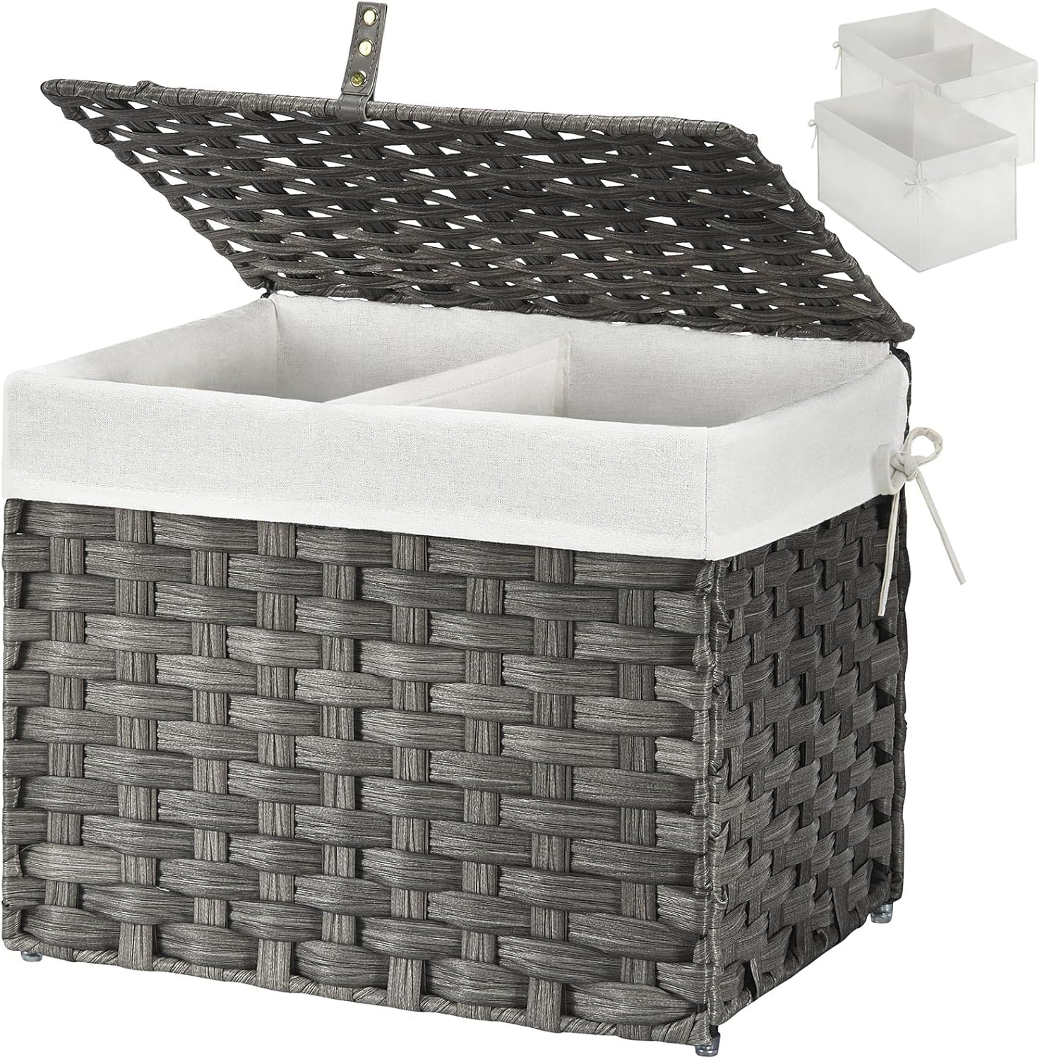 GREENSTELL Storage Basket with Lid, 160L Large Wicker Basket with Lid, Handwoven Blanket Storage Basket with Handles, Removable Cotton Liner, Metal Frame, Foldable for Bedroom, Laundry Room, Grey