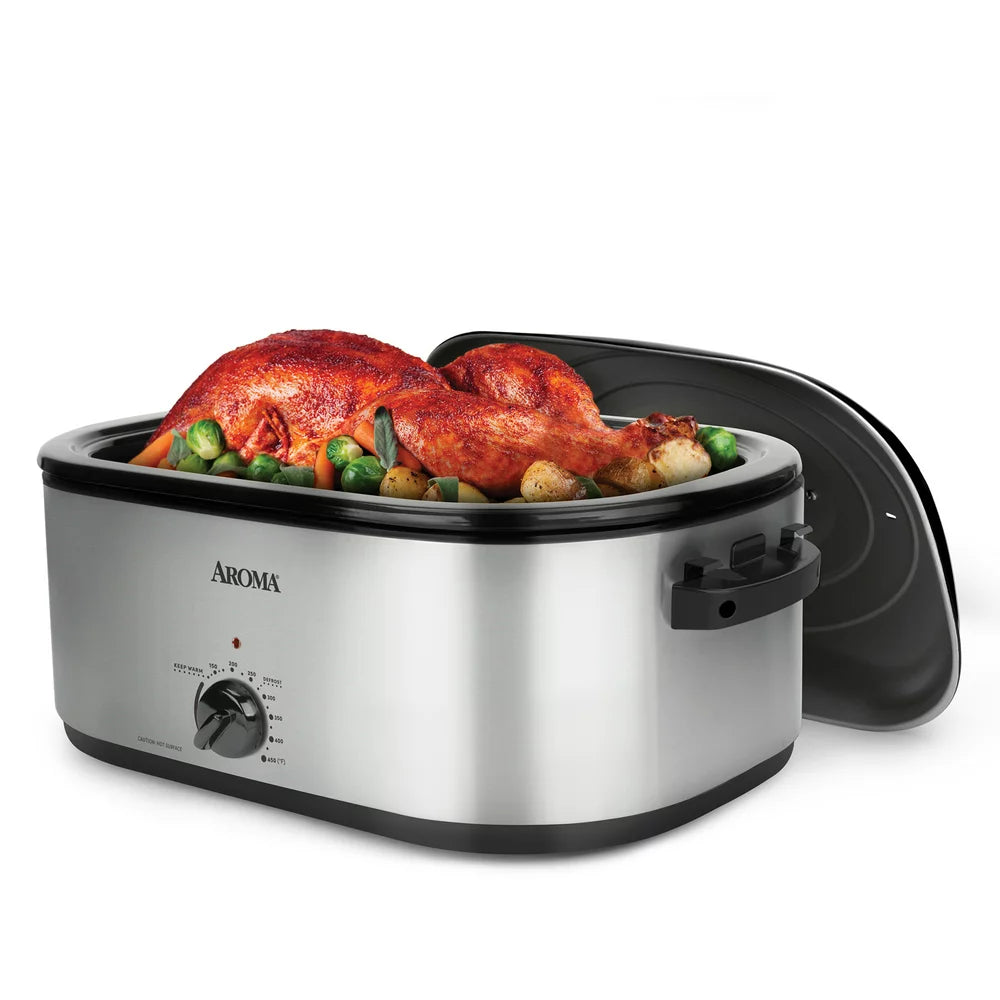 Aroma 22-Quart Electric Roaster Oven with Self-Basting Lid, Stainless Steel