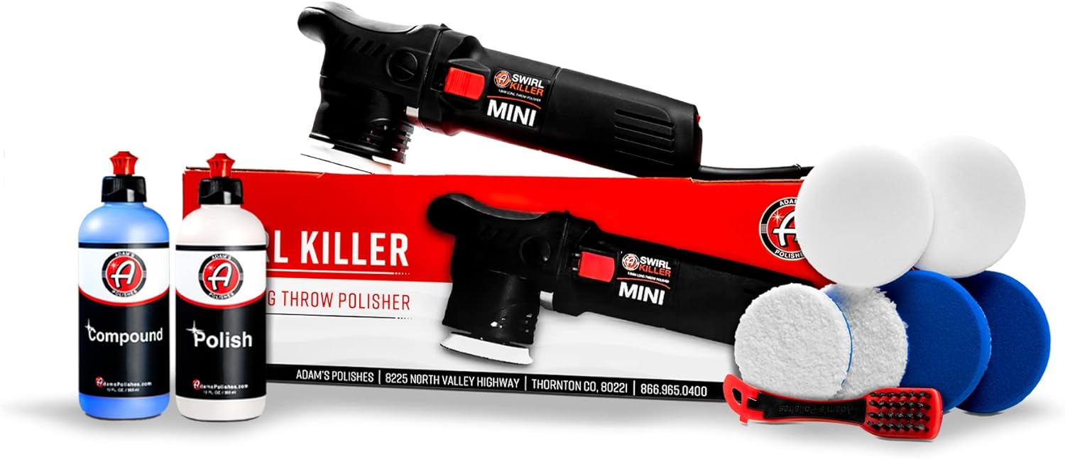 Adam’s Swirl Killer MINI 12mm LT Car Polisher Kit, Compact Orbital Buffer for Paint Correction, Aluminum, Corded Electric
