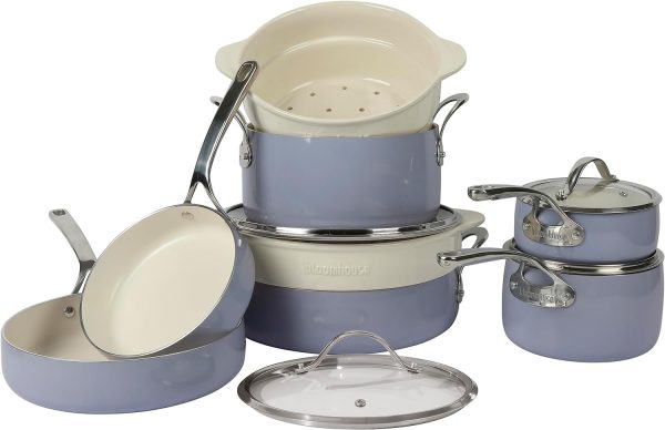 12 Piece Aluminum Pots and Pans Cookware Set w/Non-toxic Ceramic Non-stick, Ceramic Steamer Insert, 12 Protective Care Bags Periwinkle Blue
