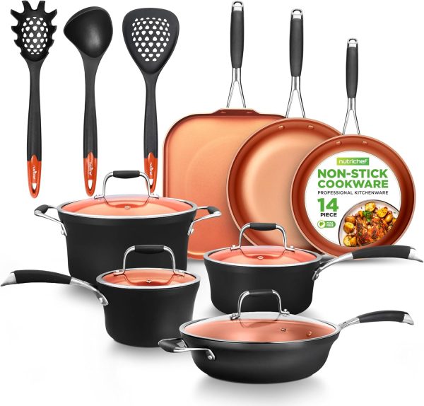 14-Piece Copper Non-Stick Cookware Set Stackable Pots and Pans with Lids, 3-Layer Coating, All Cooktop Compatible, Healthy Food-Grade Copper