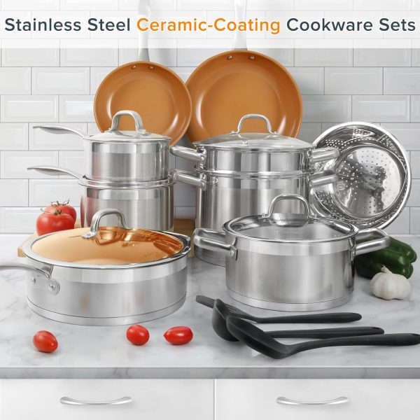 17PC Professional Stainless Steel Induction Cookware Set, Stainless Steel Ceramic Nonstick Pan Set, Impact-bonded Technology, FUSION Titanium Reinforced Ceramic Coating, Copper