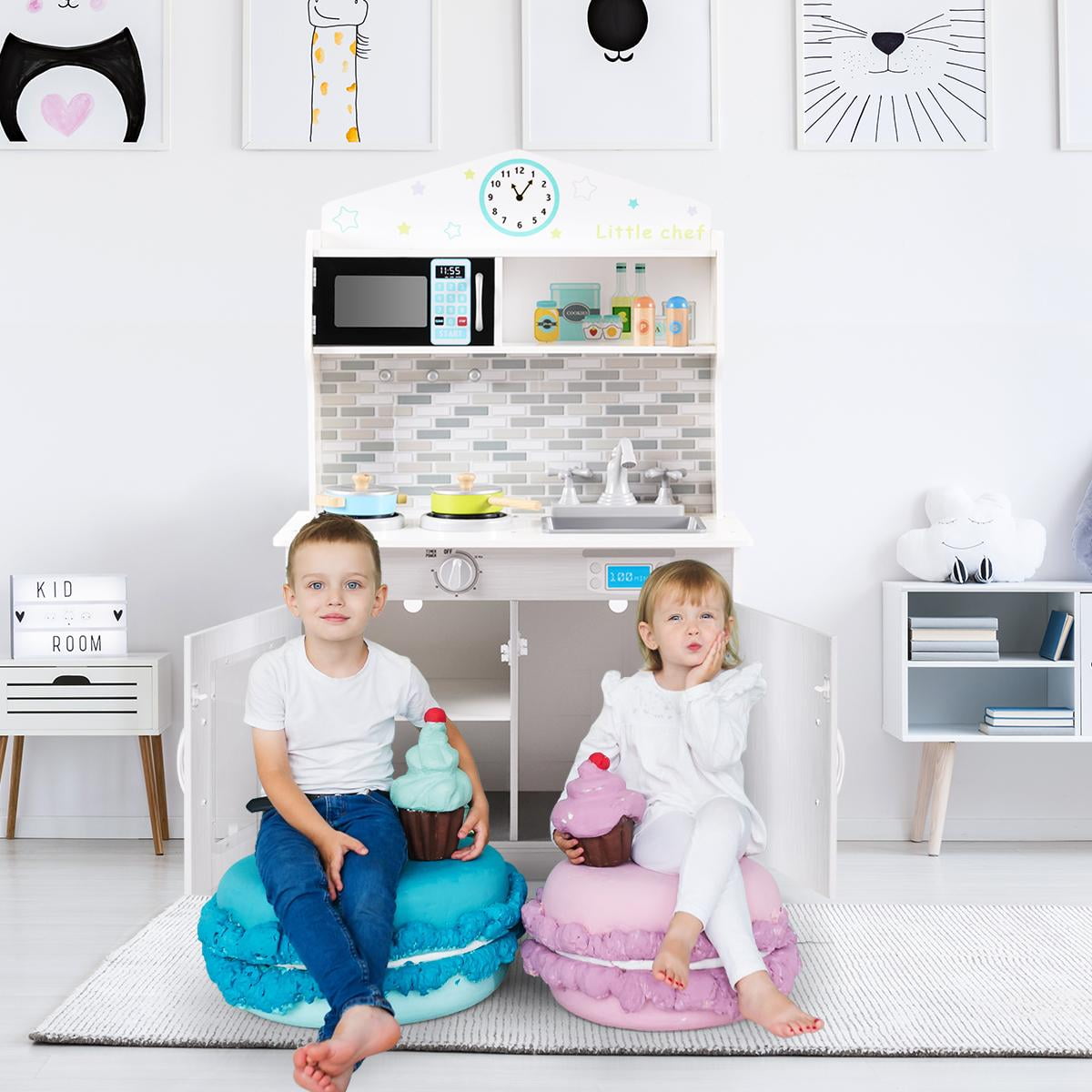 Giantex Kids Kitchen Playset, Wooden Pretend Cooking Playset w/ Cookware Accessories, Removable Sink, Microwave, Display Shelf, Toddler Pretend Play Kitchen Toy, Best Gift for Girl, Gray