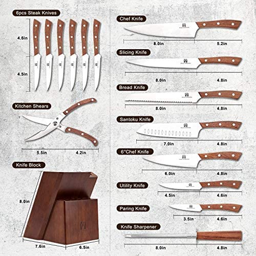 Vestaware Knife Set, 16-Piece Chef Knife Set with Knife Sharpener, Stainless Steel Kitchen Knives Set with Wooden Block, 6 Steak Knives and Bonus Scissors