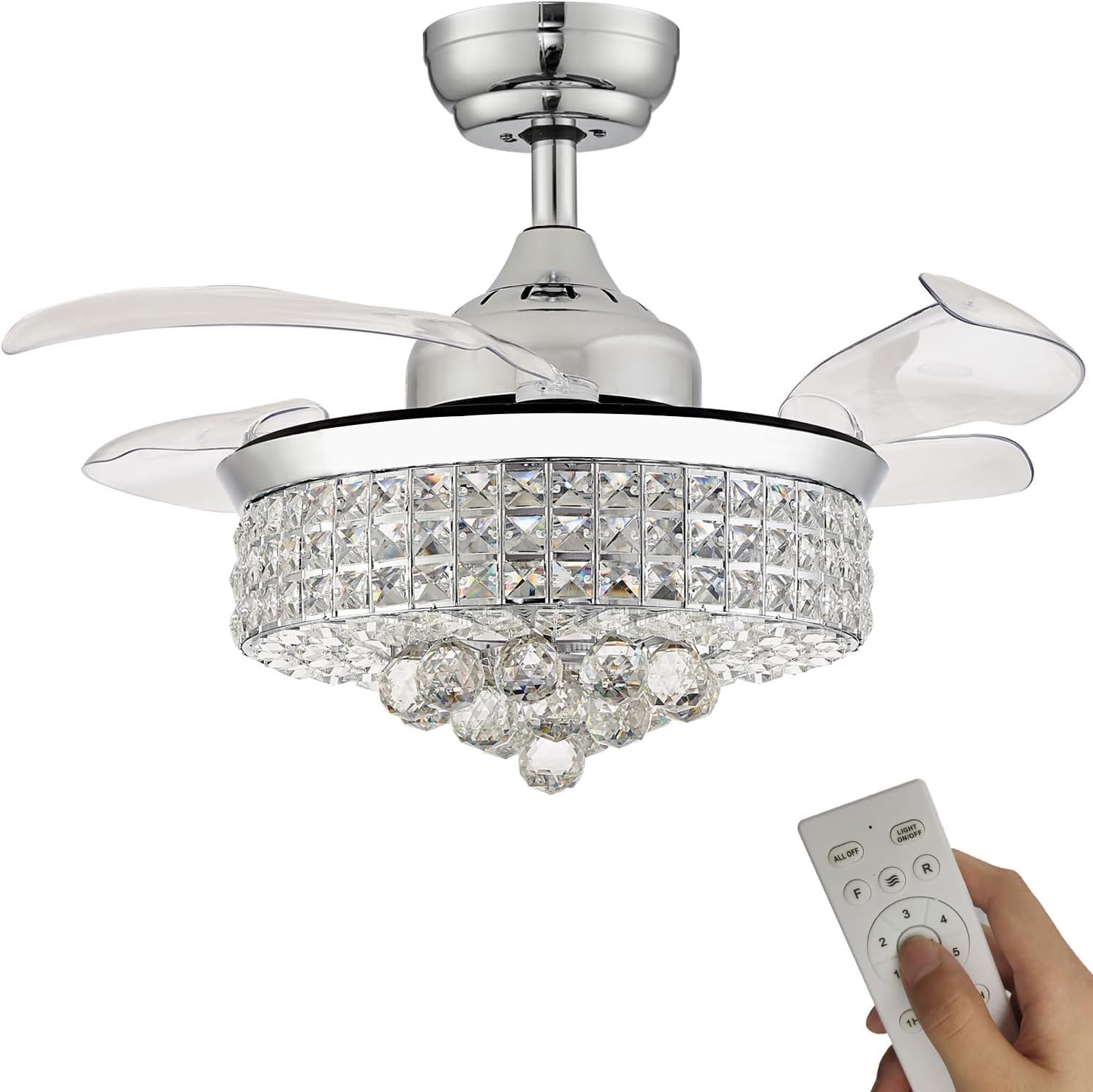 48′′ Dimmable Black Fandelier Crystal LED Ceiling Fans with Lights and Remote Modern Retractable Blade Ceiling Lighting Fan Kit for Bedroom Dinning Room Living Room
