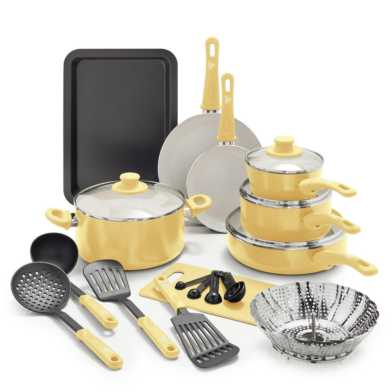 GreenLife 18-Piece Soft Grip Toxin-Free Healthy Ceramic Non-Stick Cookware Set, Yellow, Dishwasher Safe