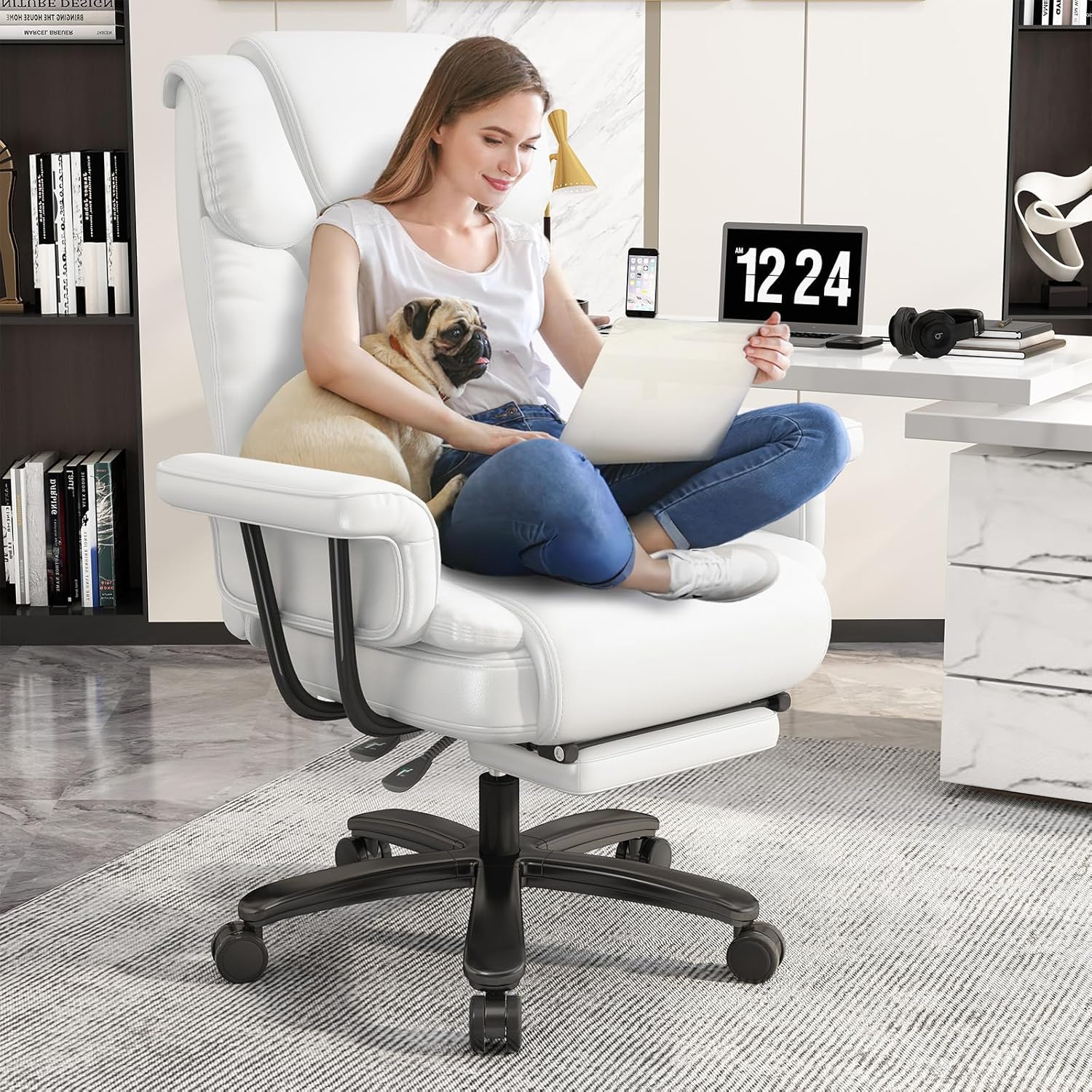 GYI Big and Tall Office Chair 400LBS with Wide Seat and Arms, 160° Reclining Office Chair with Footrest, Comfortable Executive Office Desk Chair High Back, Computer Chair Home Office (White)