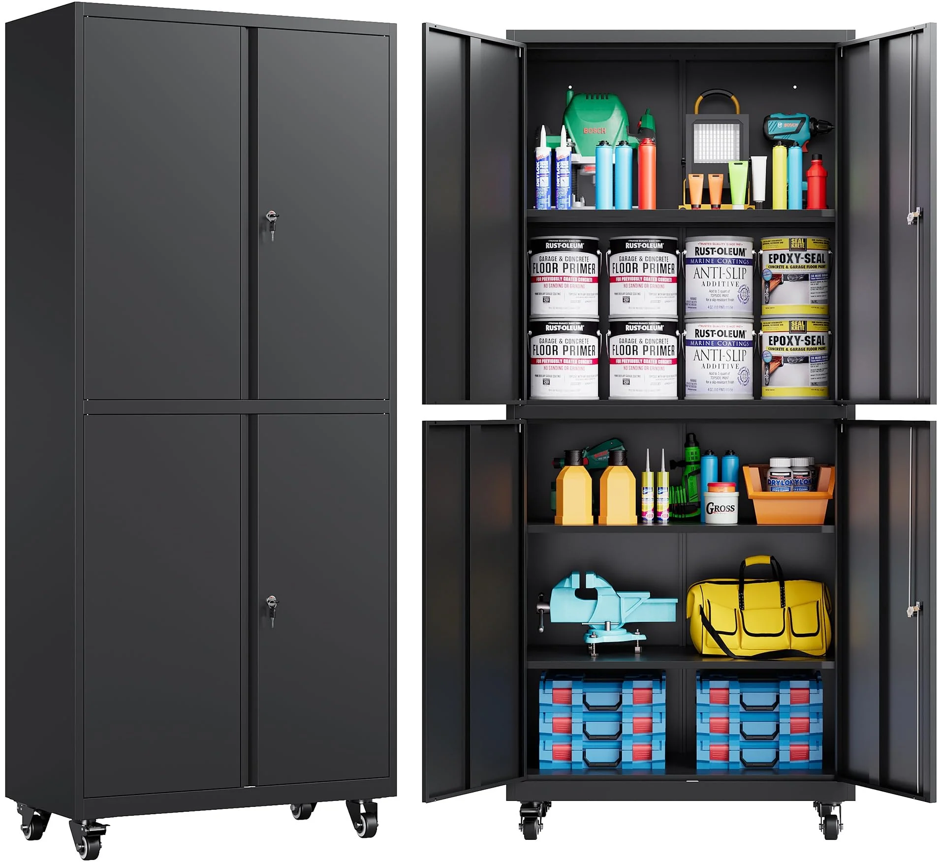 SISESOL Metal Storage Cabinet with Wheels,Rolling Garage Storage Cabinet with Lock,Black Metal Cabinet with Shelves,Tool Cabinet,Tall Storage Cabinet on Wheels for Garage,Home,Office,Shop