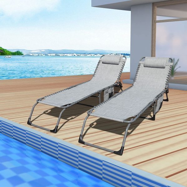 2 Pieces Outdoor Adjustable Chaise Lounge Set with Detachable Pocket,All Weather Reclining Folding Patio Lounge Chair Set for Garden,Beach, Sunbathing, Pool, Deck,Camping and Poolside-Grey