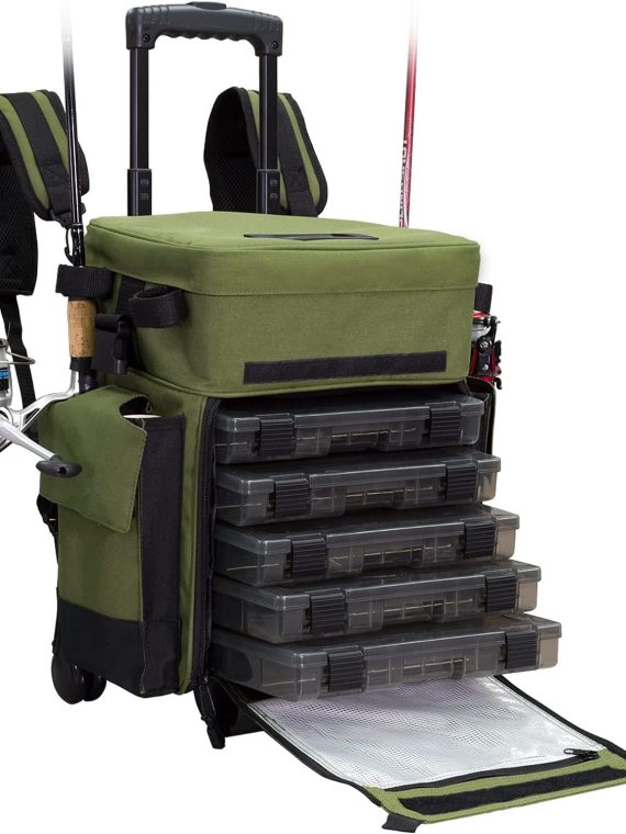 Elkton Outdoors Rolling Tackle Box with Wheels – Waterproof Rolling Fishing Backpack, 5 Removable Tackle Trays, 4 Rod Holders, Fishing Gifts for Men, Fish Tackle Bag, Roller Tackle Box