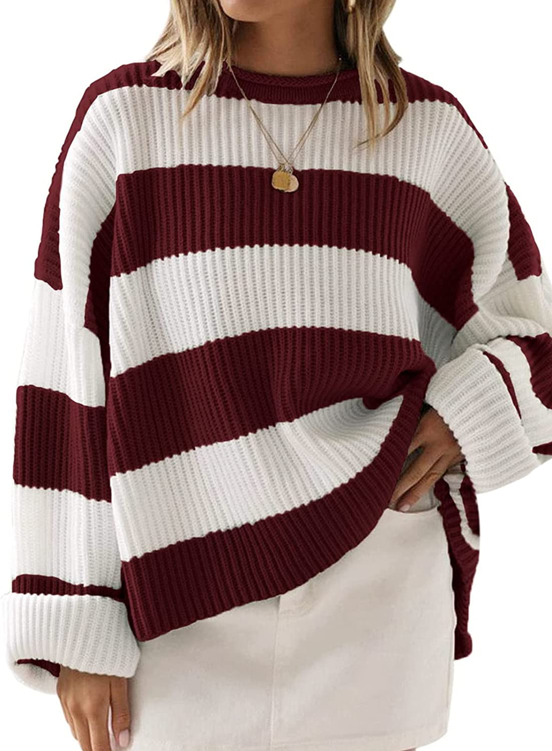 Women’s Long Sleeve Crew Neck Striped Color Block Comfy Loose Oversized Knitted Pullover Sweater