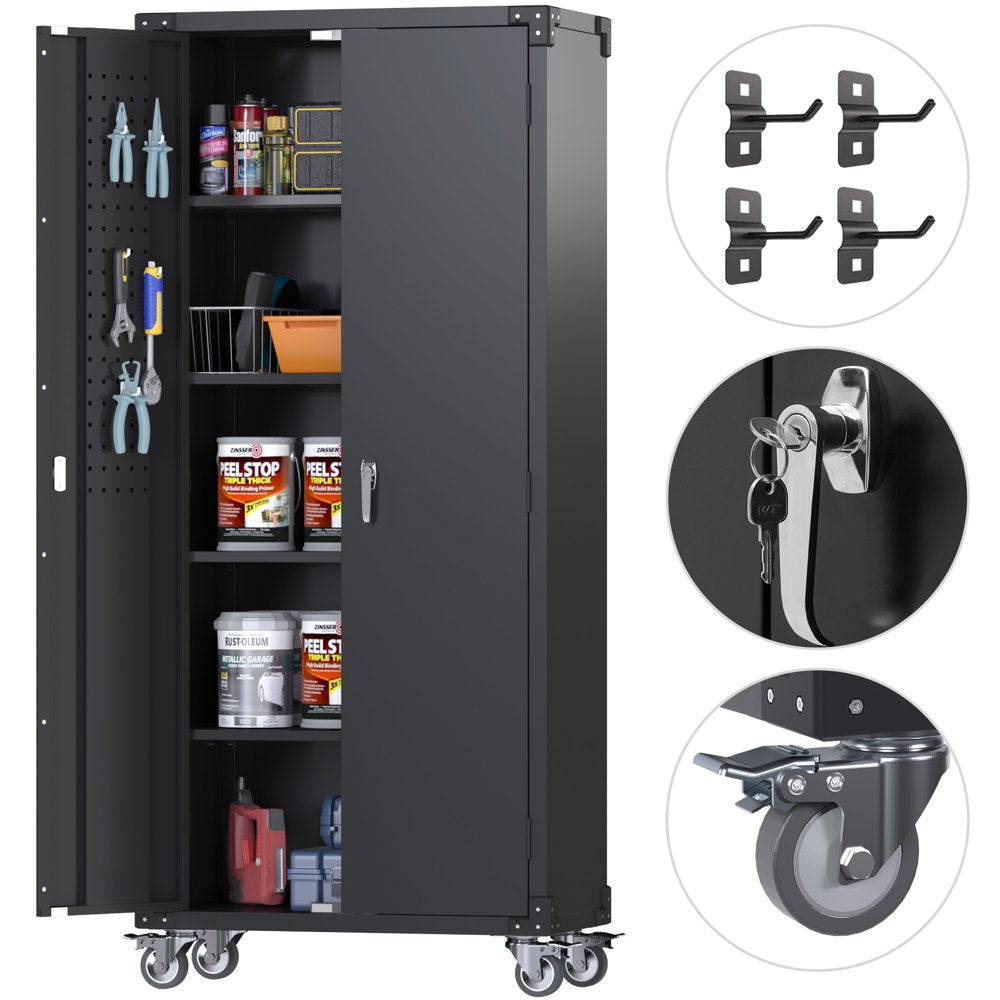 GangMei 72′′ Black Metal Garage Storage Cabinet with Wheels & Pegboard, 4 Adjustable Shelves, Lockable Tool Organizer