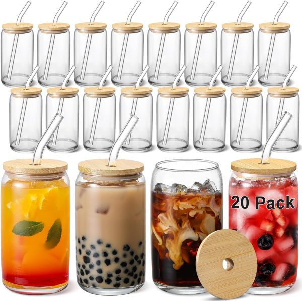 [ 20pcs Set ] Glass Cups with Bamboo Lids and Glass Straw – Beer Can Shaped 16 oz Iced Coffee Drinking Glasses, Cute Tumbler Cup for Smoothie, Boba Tea, Whiskey, Water