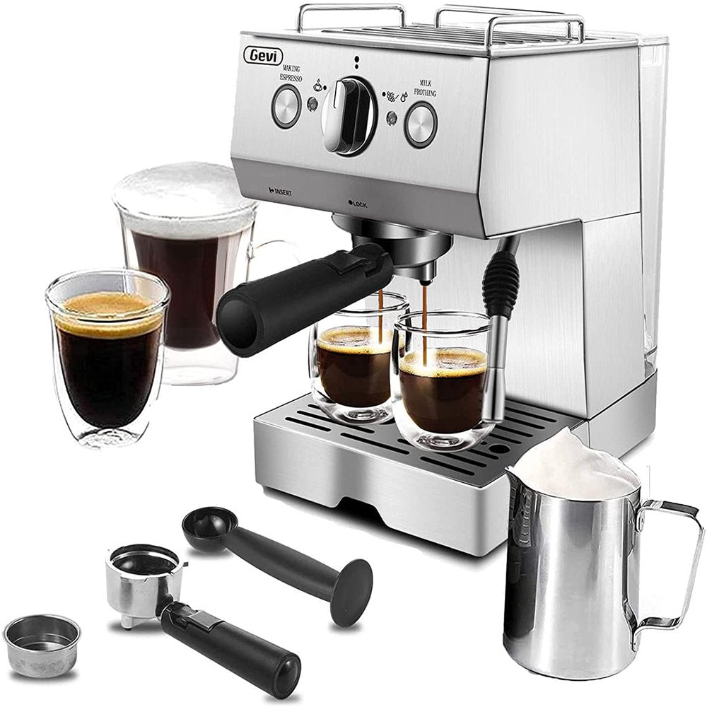 Gevi Silver 15-Bar Stainless Steel Espresso Machine with Frothing Wand – Cappuccino Maker
